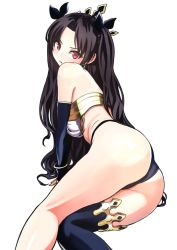 Rule 34 | 1girl, artist request, ass, bare shoulders, black hair, crown, earrings, fate/grand order, fate (series), hair ribbon, hoop earrings, ishtar (fate), jewelry, long hair, looking at viewer, red eyes, ribbon, simple background, single thighhigh, solo, thighhighs, tohsaka rin, very long hair, white background