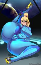 Rule 34 | 1girl, absurdres, anus, ass, blonde hair, blue bodysuit, blue eyes, blush, bodysuit, breasts, cameltoe, cleft of venus, covered anus, covered navel, full body, hair between eyes, high heels, high ponytail, highres, huge ass, impossible clothes, large breasts, leg up, lips, live for the funk, long hair, metroid, mole, mole under mouth, nintendo, parted lips, samus aran, sidelocks, skin tight, solo, space, spread legs, thick thighs, thighs, zero suit