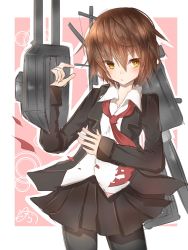 Rule 34 | 10s, 1girl, bad id, bad twitter id, black pantyhose, blazer, brown eyes, brown hair, cannon, collared shirt, female focus, highres, jacket, kantai collection, long sleeves, looking to the side, necktie, nora (salatto), pantyhose, pleated skirt, red necktie, school uniform, serafuku, shirt, short hair, signature, skirt, solo, turret, uniform, wakaba (kancolle), white background