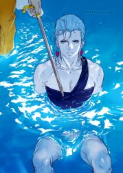 Rule 34 | 2boys, blue eyes, cane, earrings, flattop, grey hair, jean pierre polnareff, jewelry, jojo no kimyou na bouken, male focus, multiple boys, n&#039;doul, out of frame, partially submerged, sitting, stardust crusaders, tianel ent, water, wet, wet clothes