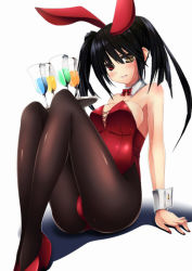 Rule 34 | 10s, 1girl, animal ears, ass, bare shoulders, black hair, blush, breasts, cleavage, clock eyes, date a live, drink, fake animal ears, female focus, glass, heterochromia, high heels, jk-ff, legs, leotard, long hair, looking at viewer, open mouth, ornament, pantyhose, playboy bunny, rabbit ears, red eyes, red ribbon, ribbon, sideboob, simple background, sitting, smile, solo, symbol-shaped pupils, thighs, third-party edit, tokisaki kurumi, tray, twintails, white background, yellow eyes