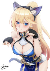 Rule 34 | 1girl, 3:, animal ear fluff, animal ears, arm strap, bare shoulders, bianka durandal ataegina, bianka durandal ataegina (dea anchora), black gloves, black hairband, blonde hair, blue dress, blue eyes, blush, breasts, cat ears, cat tail, chinese commentary, cleavage, closed mouth, collarbone, commentary request, cowboy shot, dress, embarrassed, fake tail, fingerless gloves, freze, frown, gloves, hairband, halter dress, halterneck, highres, honkai (series), honkai impact 3rd, large breasts, leaning forward, long hair, looking at viewer, paw pose, signature, simple background, sleeveless, sleeveless dress, solo, tail, very long hair, white background