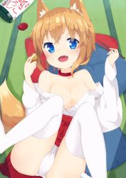 Rule 34 | 1girl, :d, absurdres, aburaage, alcohol, animal collar, animal ears, bare shoulders, blonde hair, blue eyes, blush, breasts, chopsticks, cleavage, collar, collarbone, cup, fang, food, fox ears, fox tail, hakama, hakama short skirt, hakama skirt, heart, heart-shaped pupils, highres, japanese clothes, kimono, komainu akira, lace, lace-trimmed panties, lace trim, long sleeves, looking at viewer, lying, miko, on back, open clothes, open kimono, open mouth, original, panties, pillow, red hakama, sakazuki, sake, short hair, skirt, smile, solo, spread legs, symbol-shaped pupils, tail, tatami, thighhighs, tofu, underwear, white kimono, white panties, white thighhighs