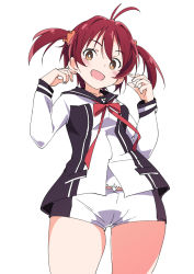 Rule 34 | 1girl, :d, black legwear, blush, brown eyes, hair ornament, hair scrunchie, isshiki akane, ixy, long sleeves, looking at viewer, national shin ooshima school uniform, open mouth, red hair, red neckwear, ribbon, school uniform, scrunchie, short hair, short shorts, shorts, simple background, smile, solo, thighs, twintails, vividred operation, white background