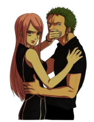 Rule 34 | 1boy, 1girl, anti-eyebrow piercing, bad id, bad pixiv id, black eyes, black shirt, covering another&#039;s mouth, earrings, green hair, hand on another&#039;s hip, hand on another&#039;s mouth, jewelry, jewelry bonney, lips, lipstick, long hair, looking at viewer, makeup, one piece, pink hair, red lips, roronoa zoro, shirt, short hair, short sleeves, simple background, single earring, sleeveless, white background, wnfwnfdl