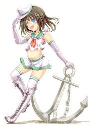 Rule 34 | 1girl, adapted costume, anchor, arm support, armpits, bare shoulders, belt, black hair, blue eyes, boots, chain, crop top, crop top overhang, cross-laced footwear, elbow gloves, facing away, full body, gloves, hand on headwear, hat, highres, ichirino minagi, knee boots, lace-up boots, leg up, midriff, murasa minamitsu, navel, open mouth, sailor, sailor collar, sailor hat, shiny skin, shirt, short hair, shorts, skindentation, sleeveless, sleeveless shirt, solo, thighhighs, touhou, white background, white thighhighs