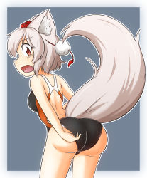 Rule 34 | 1girl, animal ears, ass, bare shoulders, blush, breasts, elu butyo, embarrassed, female focus, hat, inubashiri momiji, large breasts, looking at viewer, looking back, one-piece swimsuit, open mouth, red eyes, short hair, silver hair, solo, swimsuit, tail, tokin hat, touhou, wolf ears, wolf tail