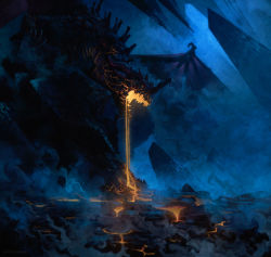 Rule 34 | anato finnstark, blue theme, commentary, dragon, english commentary, from side, highres, lava, no humans, open mouth, original