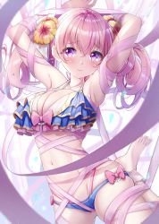 Rule 34 | 1girl, absurdres, blush, breasts, flower, hair ornament, highres, large breasts, looking at viewer, pink hair, princess connect!, purple eyes, swimsuit, takemura kou, tsumugi (princess connect!)