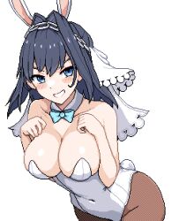 Rule 34 | 1girl, animal ears, bare shoulders, blue bow, blue eyes, blue hair, blush, blush stickers, bow, breasts, chain, chain headband, cleavage, collarbone, covered navel, detached collar, fake animal ears, fake tail, fishnet pantyhose, fishnets, hair intakes, highres, hololive, hololive english, large breasts, leaning forward, leotard, looking at viewer, ouro kronii, pantyhose, pixel art, playboy bunny, rabbit ears, rabbit tail, short hair, sideboob, simple background, smile, solo, tail, veil, virtual youtuber, zou eita