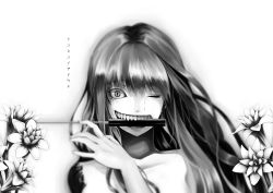 Rule 34 | 1girl, aura, bad id, bad pixiv id, chromatic aberration, cover, cover page, crying, dagger, disembodied limb, eyelashes, flower, greyscale, highres, knife, long hair, looking at viewer, monochrome, mouth hold, nude, one eye closed, saigyouji yuyuko, saigyouji yuyuko (living), sharp teeth, simple background, slit pupils, solo, stiletto (weapon), streaming tears, tears, teeth, touhou, transformation, translation request, upper body, very long hair, volkies, weapon, weapon request, white background