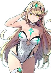 Rule 34 | 1girl, aono shimo, bad id, bad twitter id, bare shoulders, blonde hair, blush, breasts, casual one-piece swimsuit, clothing cutout, flying sweatdrops, gem, groin, headpiece, highres, large breasts, long hair, mythra (xenoblade), nintendo, one-piece swimsuit, solo, swept bangs, swimsuit, thick thighs, thigh gap, thighs, underboob, underboob cutout, very long hair, white one-piece swimsuit, wide hips, xenoblade chronicles (series), xenoblade chronicles 2, yellow eyes