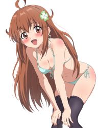 Rule 34 | 1girl, ahoge, amamiya mimori, bare shoulders, bent over, bikini, black thighhighs, blush, breasts, brown eyes, brown hair, cleavage, clover hair ornament, hair ornament, hands on own knees, highres, long hair, looking at viewer, medium breasts, navel, open mouth, shadowverse, shadowverse (anime), simple background, sincos, solo, swimsuit, thighhighs, white background