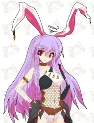 Rule 34 | 1girl, alphes (style), animal ears, breasts, rabbit ears, capcom, earrings, female focus, fishnets, frown, hand on own hip, hip focus, jewelry, kaoru (gensou yuugen-an), long hair, monster hunter (series), nargacuga (armor), navel, parody, purple hair, red eyes, reisen udongein inaba, solo, style parody, tears, touhou, white background