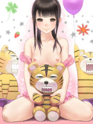 Rule 34 | 1girl, aoten, balloon, bare shoulders, black hair, blush, breasts, breasts out, brown eyes, clothes pull, dress pull, medium breasts, nipples, original, sitting, smile, solo, stuffed animal, stuffed tiger, stuffed toy, tiger, topless, wariza