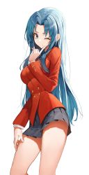 Rule 34 | 1girl, ;), absurdres, black skirt, blazer, blue eyes, blue hair, blush, breasts, closed mouth, commentary request, feet out of frame, finger to cheek, hand on own thigh, highres, jacket, kawashima ami, long hair, long sleeves, looking at viewer, medium breasts, miniskirt, one eye closed, oohashi high school uniform, pleated skirt, pro-p, red jacket, school uniform, simple background, skirt, smile, solo, standing, straight hair, thighs, toradora!, v-shaped eyebrows, very long hair, white background