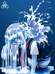 Rule 34 | 1girl, bent over, black-framed eyewear, black serafuku, black skirt, black thighhighs, blue background, blue eyes, blue hair, blue skin, blue theme, colored skin, commentary, cropped legs, english commentary, glasses, hand in own hair, highres, hime cut, long hair, looking at viewer, monster girl, original, personification, pointy ears, school uniform, serafuku, skirt, slime girl, smile, solo, strapless, thighhighs, water, watermark, xfiro, zettai ryouiki