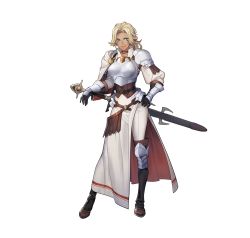 Rule 34 | 1girl, absurdres, arm guards, armor, belt, blonde hair, blue eyes, boobplate, breastplate, catherine (fire emblem), closed mouth, commentary request, dark-skinned female, dark skin, female focus, fire emblem, fire emblem: three houses, fire emblem heroes, full body, gloves, hand on own hip, highres, knee pads, lips, long sleeves, looking at viewer, nintendo, official art, p-nekor, pants, parted bangs, puffy sleeves, sheath, shoulder armor, simple background, smile, solo, standing, sword, weapon, white background