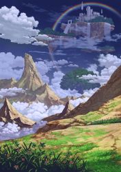 Rule 34 | above clouds, blue sky, castle, cloud, commentary request, day, fantasy, floating castle, floating island, grass, highres, mituura, mountain, no humans, original, outdoors, rainbow, scenery, sky, tree