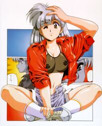 Rule 34 | 1girl, breasts, covered erect nipples, crop top, grey hair, hand on own head, highres, indian style, jacket, large breasts, looking at viewer, midriff, navel, nipples, one eye closed, open clothes, open jacket, original, raised eyebrows, red jacket, retro artstyle, see-through, shoes, short sleeves, shorts, sitting, smile, sneakers, socks, solo, speech bubble, unzipped, urushihara satoshi, yellow eyes