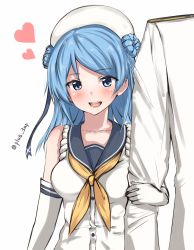 Rule 34 | 1boy, 1girl, admiral (kancolle), blue eyes, blue hair, blush, breasts, double bun, elbow gloves, epaulettes, gloves, hair bun, hat, heart, highres, kantai collection, large breasts, long hair, looking at viewer, military, military uniform, naval uniform, neckerchief, open mouth, sailor hat, saplus, school uniform, serafuku, simple background, sleeves rolled up, smile, uniform, urakaze (kancolle), white background, white gloves, white headwear, yellow neckerchief