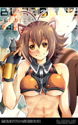 Rule 34 | 1girl, abs, animal ears, antenna hair, arc system works, bare shoulders, blazblue, blazblue: continuum shift, breasts, brown hair, character name, copyright name, fingerless gloves, gloves, halterneck, halterneck, large breasts, makoto nanaya, navel, orange eyes, salute, short hair, solo, squirrel ears, squirrel tail, strapless, tail, tokiazu, tonfa, tube top, underboob, weapon, yellow eyes