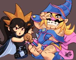Rule 34 | 1boy, 1girl, alternate costume, arm hair, arm up, artist name, ashley (warioware), bare shoulders, belt, black cape, black eyes, black hair, black shirt, blonde hair, blue dress, blue footwear, blue headwear, blue pants, blush, blush stickers, boots, bright pupils, broom, broom riding, brown background, cape, card, chest hair, child, clenched hand, cosplay, cropped legs, crossdressing, dark magician girl (cosplay), dated, dress, facial hair, fat, fat man, flat chest, grin, hair between eyes, hairband, hand up, happy, hat, high collar, holding, holding card, knee boots, leg hair, long hair, looking at viewer, mateus upd, multiple belts, mustache, nintendo, off-shoulder dress, off shoulder, open mouth, orange hairband, pants, pentagram, red eyes, shirt, shirt tucked in, short dress, sidelocks, signature, simple background, sitting, sleeveless, sleeveless shirt, smile, standing, teeth, twintails, upper body, v-shaped eyebrows, v over eye, wario, warioware, what, white pupils, wrist cuffs, yami yugi (cosplay), yu-gi-oh!, yu-gi-oh (card)