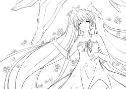 Rule 34 | bad id, bad pixiv id, flower, greyscale, hatsune miku, highres, lineart, long hair, lying, monochrome, on back, sei000, sleeping, solo, twintails, very long hair, vocaloid