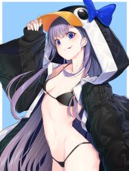 Rule 34 | 1girl, animal hood, bikini, black bikini, blue background, blue eyes, blue ribbon, breasts, choker, collarbone, commentary request, fate/grand order, fate (series), hair between eyes, highres, hood, long hair, long sleeves, looking at viewer, meltryllis, meltryllis (fate), meltryllis (swimsuit lancer) (fate), meltryllis (swimsuit lancer) (first ascension) (fate), mikan (chipstar182), penguin hood, purple hair, ribbon, simple background, sleeves past wrists, smile, solo, swimsuit, tongue, tongue out, very long hair, white background