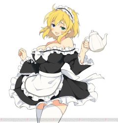 Rule 34 | 10s, 1girl, blonde hair, blush, bonnet, breasts, female focus, green eyes, large breasts, looking at viewer, maid, open mouth, ryouna (senran kagura), senran kagura, simple background, smile, solo, tagme, teapot, thighhighs, white background