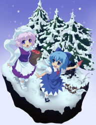 Rule 34 | 2girls, :d, :o, \||/, akuto, apple, bag, blue eyes, blue hair, blush, bobby socks, bow, cirno, dress, faux figurine, food, fruit, grocery bag, hair bow, hat, juliet sleeves, large bow, layered dress, letty whiterock, long sleeves, mary janes, multiple girls, open mouth, pine tree, popsicle, puffy sleeves, purple eyes, purple hair, scarf, shoes, shopping bag, short hair, smile, snow, snowing, socks, tareme, touhou, tree, watermelon bar, white scarf