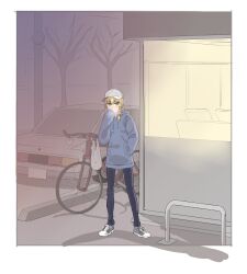Rule 34 | 1girl, alternate costume, bag, bare tree, baseball cap, bicycle, bicycle rack, black pants, blonde hair, blue hoodie, bow, braid, building, car, contemporary, cookie (touhou), covering own mouth, flat chest, full body, grey footwear, hair bow, hand in pocket, hand over own mouth, hat, highres, hood, hoodie, kirisame marisa, kyuuden, long hair, looking at viewer, motor vehicle, outdoors, pants, plastic bag, purple bow, rei (cookie), shoes, shopping bag, side braid, single braid, sitting, sleeves past fingers, sleeves past wrists, sneakers, touhou, tree, utility pole, white headwear, yellow eyes