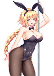 1girl absurdres animal_ears black_hairband black_leotard black_pantyhose blonde_hair blue_eyes braid breasts covered_navel detached_collar fake_animal_ears fate/apocrypha fate/grand_order fate_(series) hairband highres jeanne_d&#039;arc_(fate) jeanne_d&#039;arc_(ruler)_(fate) large_breasts leotard long_braid long_hair pantyhose playboy_bunny pole rabbit_ears simple_background single_braid solo strapless strapless_leotard very_long_hair white_background wrist_cuffs yuunagi_(0217)