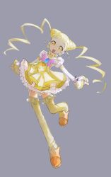 Rule 34 | 1girl, :d, absurdres, blonde hair, brooch, butterfly brooch, collar, cure lemonade, detached sleeves, dress, earrings, ffgghhjj, frills, grey background, happy, highres, jewelry, kasugano urara (yes! precure 5), leg up, open mouth, precure, simple background, smile, solo, twintails, watch, wristwatch, yellow collar, yellow dress, yellow eyes, yes! precure 5, yes! precure 5 gogo!