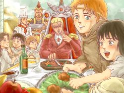 Rule 34 | 2girls, 5boys, apple, armor, arms up, banana, basket, belga (hokuto no ken), blonde hair, blush, bread, buffet, carrot, chicken (food), chicken leg, child, closed eyes, cloud, cook, cup, day, eating, facial mark, food, forehead mark, fork, formal, fruit, headband, highres, hokuto no ken, jewelry, knife, looking at viewer, looking away, looking down, looking up, multiple boys, multiple girls, neckerchief, nisejuuji, open mouth, orange hair, plate, pyramid (structure), rem (hokuto no ken), rice, salad, sauce, shiva (hokuto no ken), short hair, shoulder pads, sitting, smile, soldier, soup, souther, steak, strawberry, table, throne, tomato, turban, twintails