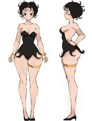 Rule 34 | 1girl, arms at sides, ass, bare arms, bare legs, bare shoulders, betty boop, betty boop (character), black dress, black eyes, black footwear, black hair, bottomless, breasts, collarbone, commentary, dot mouth, dot nose, dress, earrings, english commentary, forehead, full body, hands on own hips, high heels, highres, hoop earrings, jewelry, looking at viewer, medium breasts, rakeemspoon, revealing clothes, short dress, short hair, sideboob, simple background, solo, standing, strapless, strapless dress, thigh strap, thighs