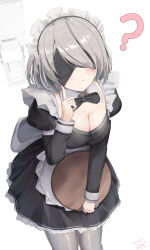Rule 34 | 1girl, 2b (nier:automata), ?, apron, black blindfold, black bow, black dress, blindfold, blush, bow, bowtie, breasts, cleavage, closed mouth, collar, cowboy shot, dated, dress, finger to cheek, frills, grey collar, grey hair, grey pantyhose, harurunoe, holding, holding tray, index finger raised, juliet sleeves, long sleeves, maid, maid headdress, medium breasts, medium hair, mole, mole under mouth, nier:automata, nier (series), pantyhose, pod (nier:automata), puffy sleeves, signature, simple background, standing, tray, waist apron, white apron, white background