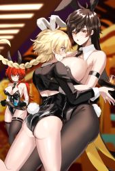 Rule 34 | 2girls, absurdres, aether (genshin impact), ahoge, animal ears, arm garter, bare shoulders, black gloves, black legwear, blonde hair, blurry, blurry background, blush, braid, braided ponytail, breasts, bridal garter, brown hair, catching, coattails, commentary request, crop top, crossdressing, cup, detached collar, diluc (genshin impact), earrings, fake animal ears, fake tail, genderswap, genderswap (mtf), genshin impact, glass, gloves, gradient hair, hand on another&#039;s back, highres, holding, holding tray, hominamia, huge breasts, jewelry, large breasts, leotard, long hair, male playboy bunny, multicolored hair, multiple girls, necktie, open mouth, orange hair, pantyhose, playboy bunny, ponytail, rabbit ears, rabbit tail, red hair, scar, scar on arm, scar on chest, scar on leg, single earring, sleeveless, slipping, strapless, strapless leotard, sweat, tail, tassel, tassel earrings, thighhighs, tray, water, wing collar, wrist cuffs, yellow eyes, zhongli (genshin impact)