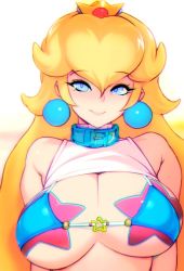 Rule 34 | alternate costume, bikini, blonde hair, blue eyes, breasts, cleavage, clothes lift, crown, doxy, earrings, gem, jewelry, large breasts, long hair, mario (series), nintendo, princess peach, shirt lift, simple background, solo, star (symbol), swimsuit, white background