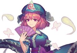 Rule 34 | 1girl, blue hat, blue kimono, bow, bug, butterfly, closed mouth, commentary request, frilled bow, frilled kimono, frills, ghost, hand fan, hat, holding, holding fan, insect, japanese clothes, kimono, looking at viewer, mob cap, pink hair, purple eyes, saigyouji yuyuko, short hair, simple background, sleeves past elbows, smile, solo, touhou, triangular headpiece, ukimesato, upper body, waist bow, white background, wide sleeves