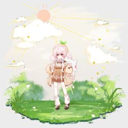 Rule 34 | 1girl, absurdres, animal ears, anqing, backpack, bag, bag charm, bcy, black footwear, bow, bowtie, brown bow, brown bowtie, brown coat, brown dress, bug, butterfly, cat ears, charm (object), cloud, coat, dress, faux figurine, grass, highres, insect, loose socks, low twintails, mary janes, red eyes, ruan miemie, shoes, socks, solo, standing, sun, transparent background, tree, twintails, white bag, white butterfly, white hair, white socks, yellow headwear