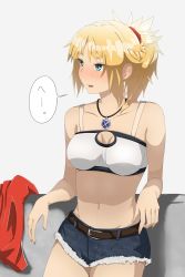 Rule 34 | 1girl, absurdres, artist request, bad id, bad pixiv id, bare arms, bare shoulders, belt, blonde hair, blue eyes, blush, braid, breasts, brown belt, collarbone, commentary request, fate/grand order, fate (series), fur trim, highres, jacket, unworn jacket, jewelry, long hair, medium breasts, mordred (fate), mordred (fate/apocrypha), mordred (memories at trifas) (fate), navel, necklace, ponytail, red jacket, red scrunchie, scrunchie, short shorts, shorts, smile, solo
