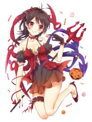 Rule 34 | 1girl, asymmetrical wings, bare legs, bare shoulders, basket, black dress, black hair, black nails, breasts, candy, closed mouth, commentary request, dress, fake horns, food, full body, hairband, halterneck, high heels, horns, houjuu nue, jack-o&#039;-lantern, konnyaku (yuukachan 51), bridal garter, licking lips, medium breasts, nail polish, polearm, red eyes, red footwear, red hairband, red nails, shoes, short dress, simple background, solo, tongue, tongue out, touhou, trident, weapon, white background, wings