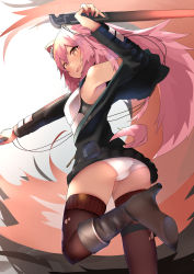 Rule 34 | 1girl, absurdres, animal ear fluff, animal ears, arknights, armor, beefjk, boots, breasts, fang, fang out, gravel (arknights), guardless sword, hair between eyes, high heel boots, high heels, highres, holding, holding weapon, hood, hooded jacket, jacket, long hair, looking at viewer, open clothes, open mouth, panties, pink hair, simple background, skirt, smile, solo, sword, tail, thighhighs, torn clothes, torn thighhighs, underwear, upskirt, weapon, white background, white panties, wire, zipper