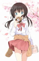 Rule 34 | 1girl, black hair, blouse, blue eyes, blush, cherry blossoms, closed mouth, clothes around waist, covered mouth, cowboy shot, doughnut, food, hand up, highres, holding, holding food, long hair, long sleeves, looking at viewer, low twintails, lunchbox, original, outdoors, petals, pleated skirt, red skirt, shirt, skirt, smile, solo, sweater, sweater around waist, tantan men (dragon), thighs, twintails, white shirt, wind, wind lift