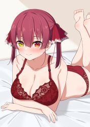 Rule 34 | 1girl, bare shoulders, barefoot, blush, bra, breasts, cleavage, closed mouth, collarbone, hair ribbon, heterochromia, highres, hololive, houshou marine, lace, lace-trimmed bra, lace-trimmed panties, lace trim, large breasts, lingerie, long hair, looking at viewer, lying, on stomach, panties, red bra, red eyes, red hair, red panties, red ribbon, ribbon, smile, solo, twintails, underwear, underwear only, virtual youtuber, yellow eyes