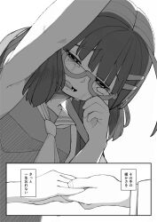 Rule 34 | 2girls, ahoge, blunt bangs, close-up, comic, commentary request, crying, dress, furrowed brow, glasses, greyscale, hair ornament, hairclip, half-closed eyes, hand up, head down, highres, holding hands, ikki (inferiorin), long hair, long sleeves, monochrome, multiple girls, neckerchief, open mouth, otomachi una, otomachi una (talkex), outstretched hand, raised eyebrows, sailor collar, semi-rimless eyewear, sleeveless, sleeveless dress, streaming tears, talkex, tears, touhoku kiritan, translation request, twintails, voiceroid, wavy eyes, wiping tears