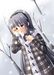 Rule 34 | 00s, blue eyes, clannad, coat, dutch angle, hairband, highres, sakagami tomoyo, silver hair, snow, solo, tears, tomoyo after, tree, youday