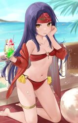 Rule 34 | 1girl, bare shoulders, bikini, breasts, collarbone, commission, cup, fire emblem, fire emblem: radiant dawn, food on hand, haru (nakajou-28), headband, heart o-ring, heart ring top, highres, holding, holding cup, holding spoon, jacket, kneeling, long hair, long sleeves, looking at viewer, navel, nintendo, ocean, off-shoulder jacket, off shoulder, parfait, pixiv commission, purple hair, red bikini, red headband, red jacket, sanaki kirsch altina, small breasts, solo, spoon, swimsuit, tongue, tongue out, yellow eyes