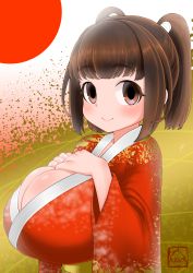 Rule 34 | 1girl, absurdres, blush, breast suppress, breasts, brown eyes, brown hair, cleavage, commentary request, eo masaka, highres, huge breasts, japanese clothes, kimono, looking at viewer, oppai loli, original, raised eyebrows, rising sun flag, short hair, smile, solo, sunburst, twintails